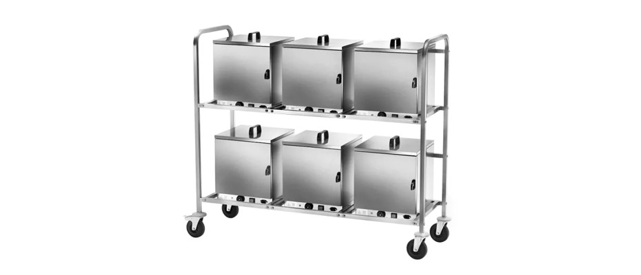 Carrello inox su ruote per 6 cassette termiche CPC600, dotato di spina. - Forcar Multiservice